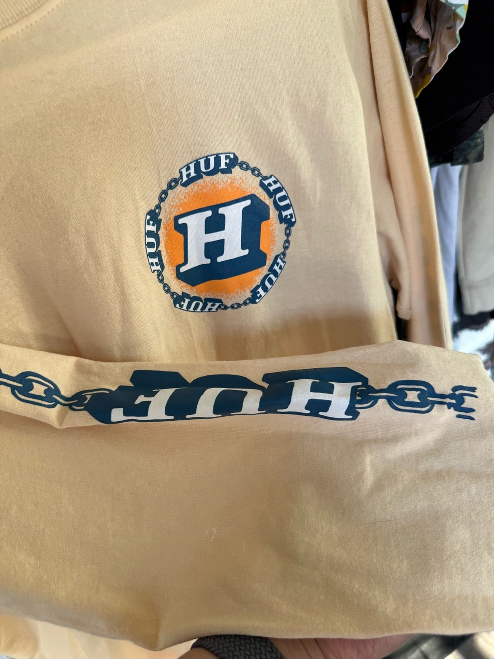 HUF Logo Long Sleeve Tee in Pale Yellow with Navy and Orange Graphics